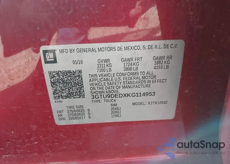 2019 GMC Sierra Slt z USA, uszkodzony, nr VIN 3GTU9DEDXKG114953